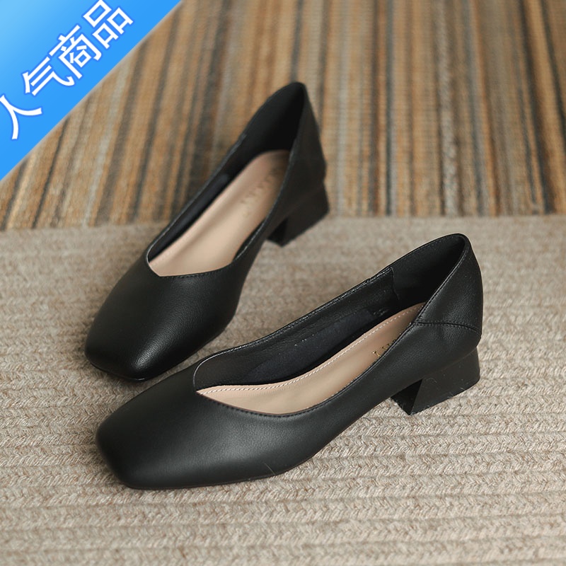 SUNTEK舒适中跟单鞋女2023春季新款粗跟浅口纯色不累脚工作高跟鞋女高清大图