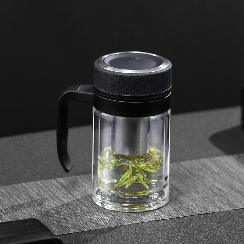 万象双层玻璃杯不锈钢盖男女士水杯大容量茶水分离办公室便携带把手防