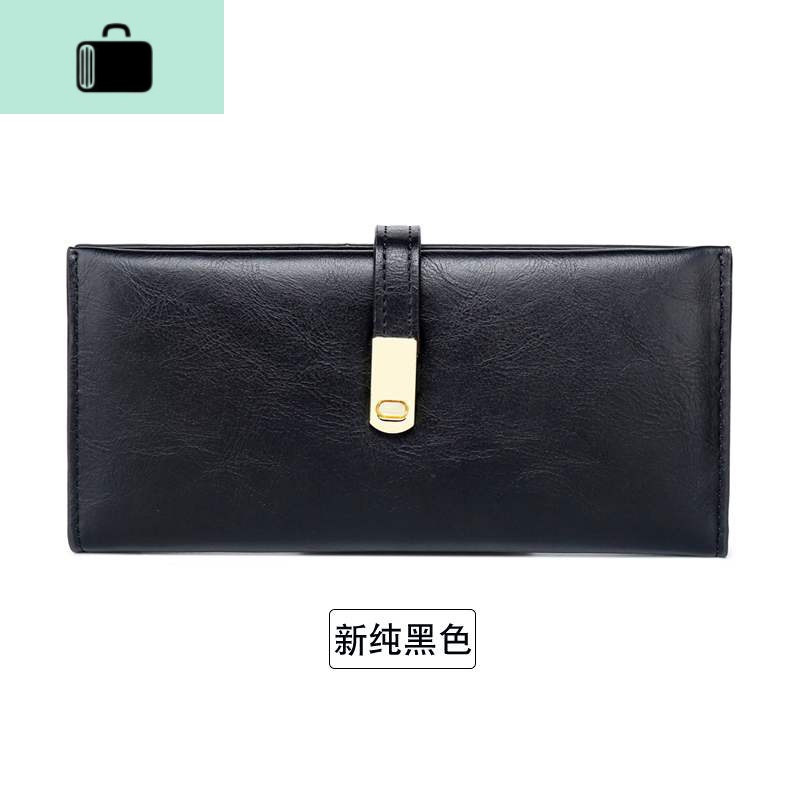 钱包女长款薄学生简约韩版2020新款复古磨砂软皮搭扣两折钱夹NEW LAKE 新纯黑色