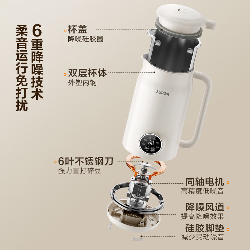 苏泊尔(SUPOR)豆浆机0.6L/升容量小型家用破壁免滤料理机预约时间多功能一键清洗破壁机榨汁机DJ06B-P102