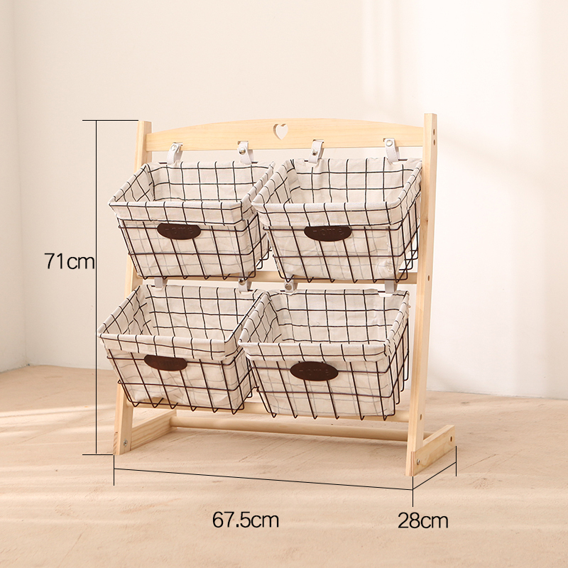 森美人客厅置物架实木玩具收纳架创意书报架落地多层书架铁艺储物架家用 二层-双排-白格筐