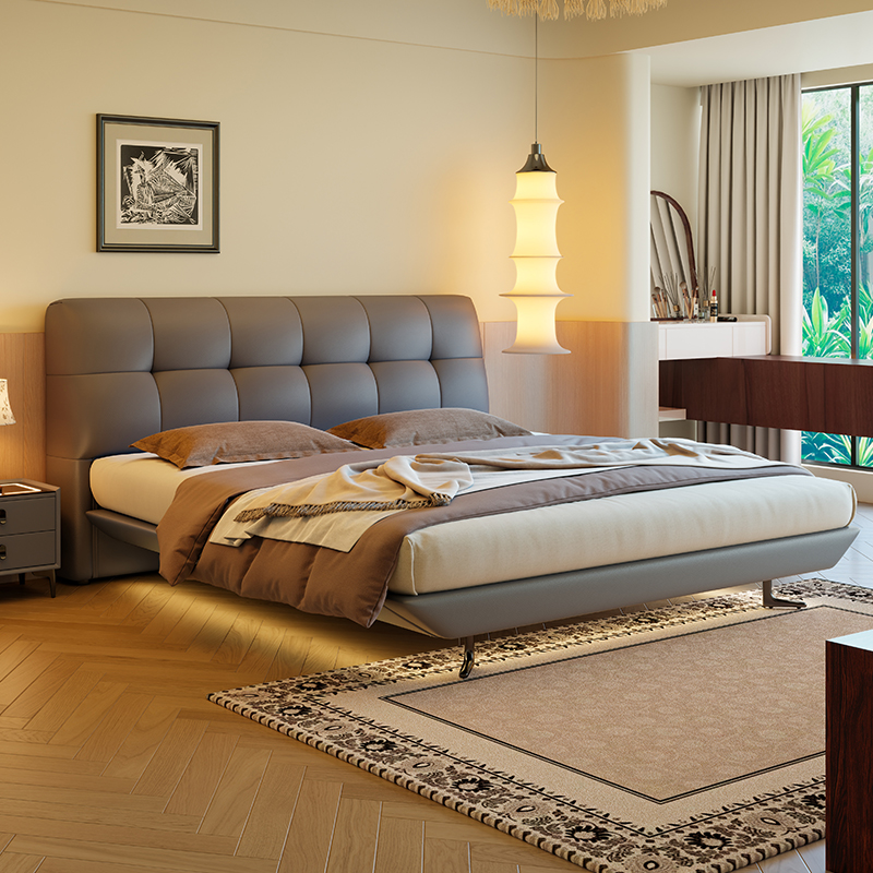 意式真皮床轻奢现代简约双人床主卧室黑色婚床家用软包实木储物床高清大图