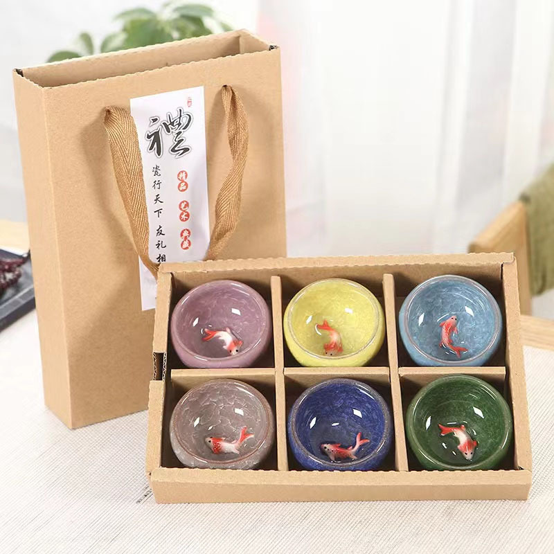 窑变冰裂鱼杯六杯六色 茶具 一套 (500套起售)