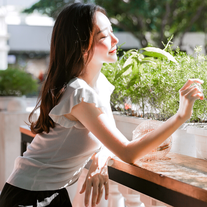 短袖针织衫女夏2018新款紧身v领套头短款荷叶木耳边冰丝T恤薄上衣白色F