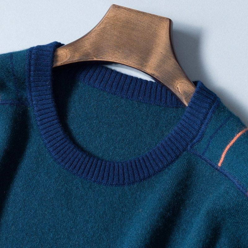 秋冬新款男士圆领彩条拼接山羊绒衫套头毛衣保暖针织衫加厚打