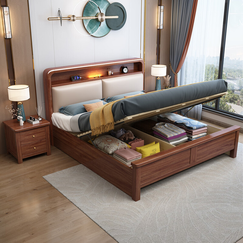 苏宁 质凡 宿舍公寓胡桃木带软包实木床气压结构/ZF-SMC063/1.5米*2米高清大图