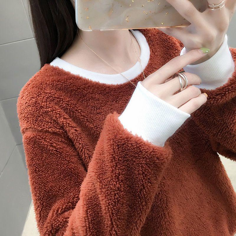 【双面绒】新款毛绒衣女套头加绒圆领打底衫宽松秋冬纯色上衣女