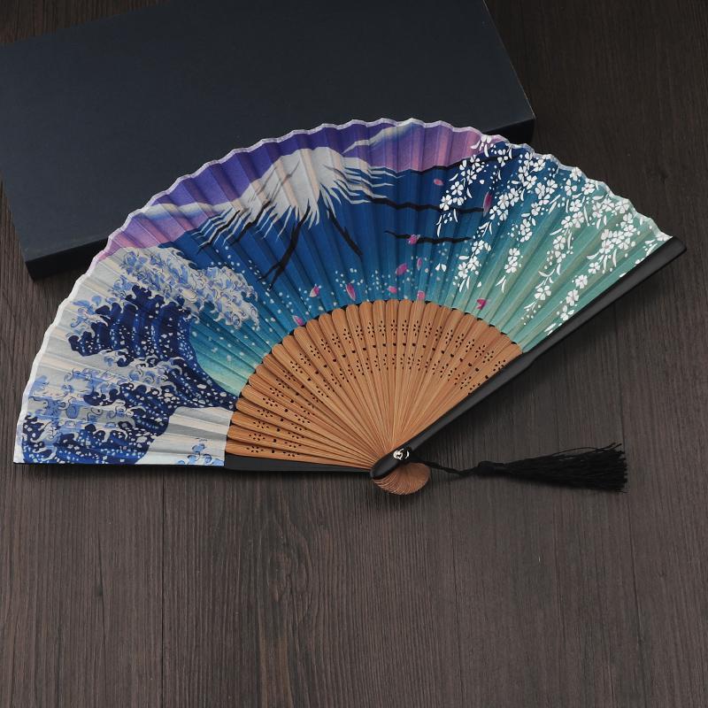 日式折扇日本扇子和风折扇布面江户日式男女摆件礼品 三维工匠 蓝富士6.5寸高清大图