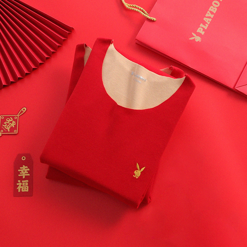 花花公子大红套装双面磨绒男女款鸿运结婚送礼马年打底衫圆领高清大图