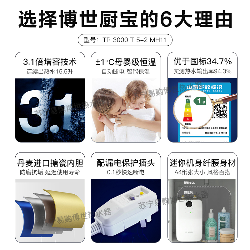 博世(BOSCH)5L黑色小厨宝TR 3000 T 5-2 MH28上出水一级能效1500W速热3.1倍增容 储水式厨宝