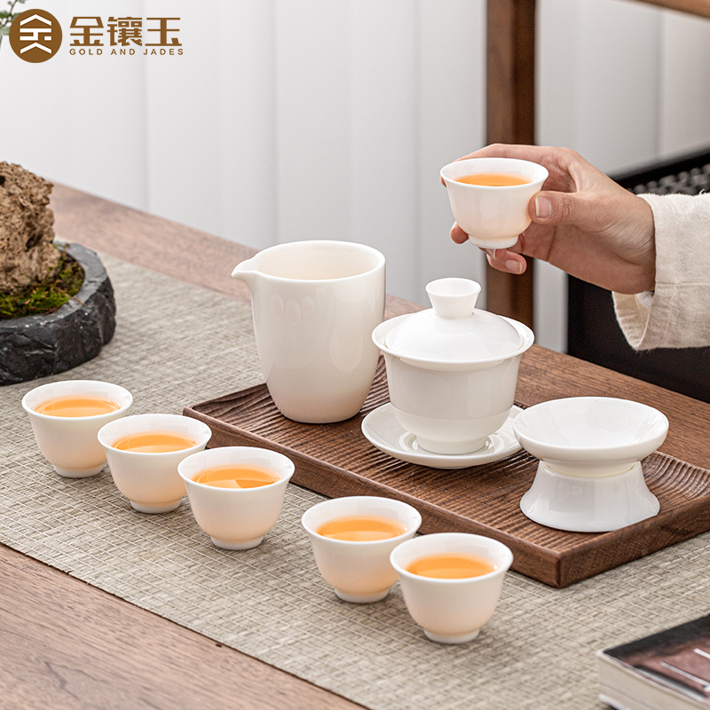 常生源 陶瓷功夫茶具套装 白瓷 一盖碗六杯 春山茶具高清大图