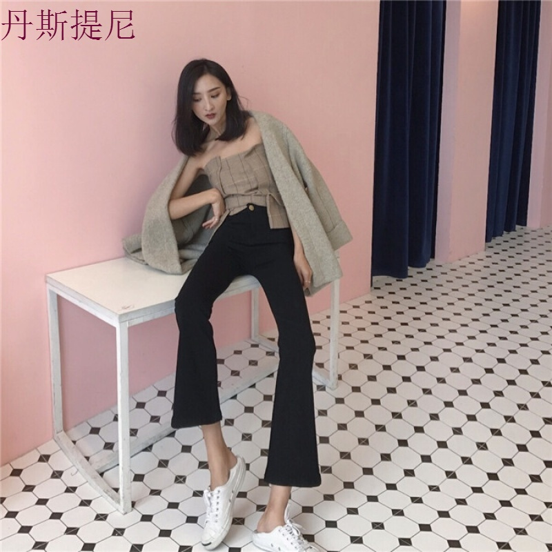 百搭款高腰显瘦高弹力九分微喇叭裤气质风纯色显瘦打底休闲裤潮女黑色