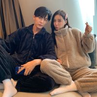 珊瑚绒情侣睡衣秋冬季加厚加绒加大码男睡衣女冬拉链可外穿法兰绒