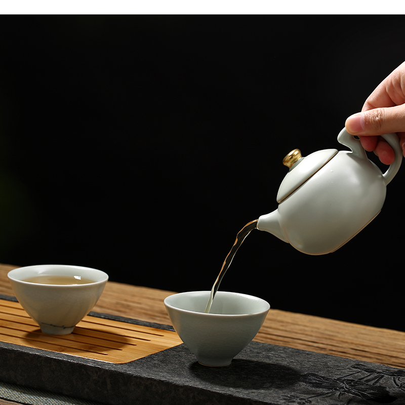 常生源 茶壶原矿汝窑汝瓷开片功夫茶具茶壶陶瓷泡茶壶 浮雕金西施壶