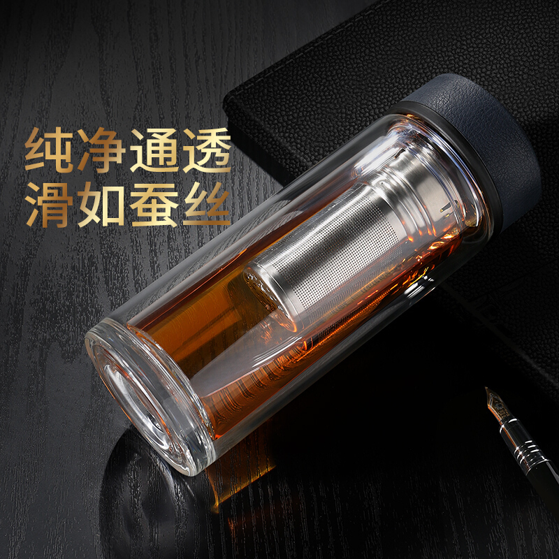 [精选]清水(SHIMIZU)双层玻璃杯带盖过滤茶杯透明玻璃水杯子礼盒8012 藏青色 250ml
