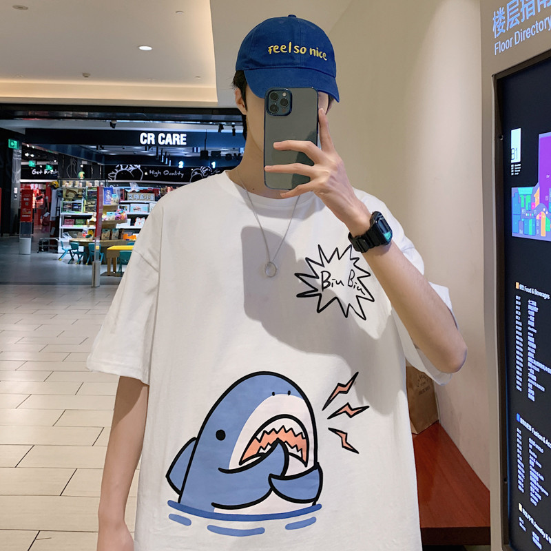 可爱小鲨鱼印花短袖t恤男潮流宽松百搭学生夏季衣服oversize上衣纯色
