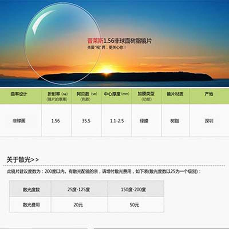普莱斯定制1.56绿膜非球面防辐射镜片 配平光眼镜 树脂镜片2片非球形男女通用