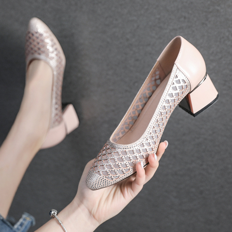 网纱女鞋女2022春秋新款百搭网纱镂空透气中跟粗跟单鞋女339