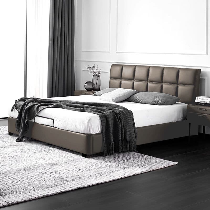 欧梵森意式极简真皮床黑色华夫格主卧小户型婚床现代简约轻奢软包储物床图片
