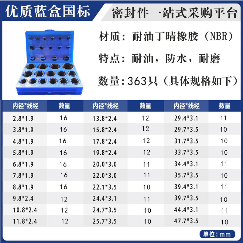 汐岩密封圈o圈 o型密封圈硅胶垫片橡胶圈修理盒高温骨架油封工业阀通用O型圈弹力带 丁晴国标蓝盒 默认尺寸