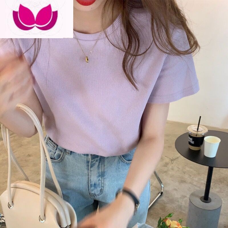 七斓螺纹针织正肩短袖t恤女夏季2023纯色内搭别致显瘦上衣白色打底衫高清大图