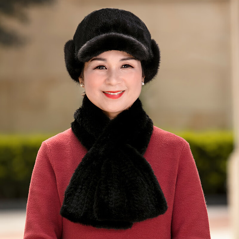 贝雷帽男女款貂皮冬季保暖中年水貂毛皮草护耳帽爷爷奶奶貂帽