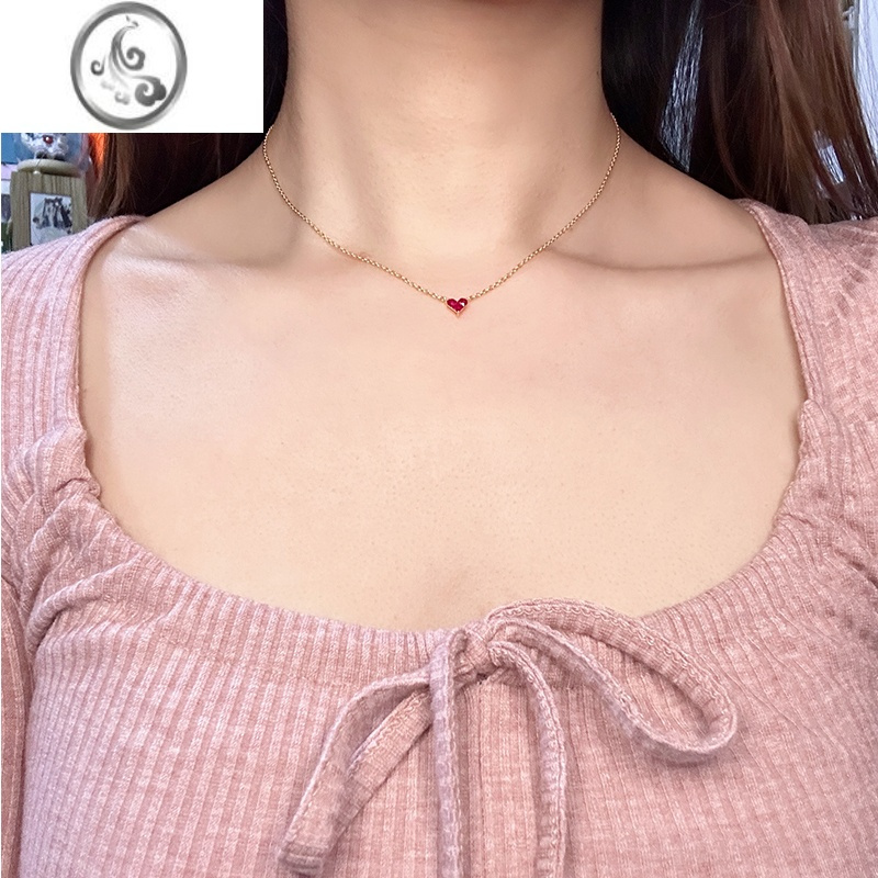 jimi日系mini小红心极奢红宝石小桃心项链女小巧精致爱心形锁骨链
