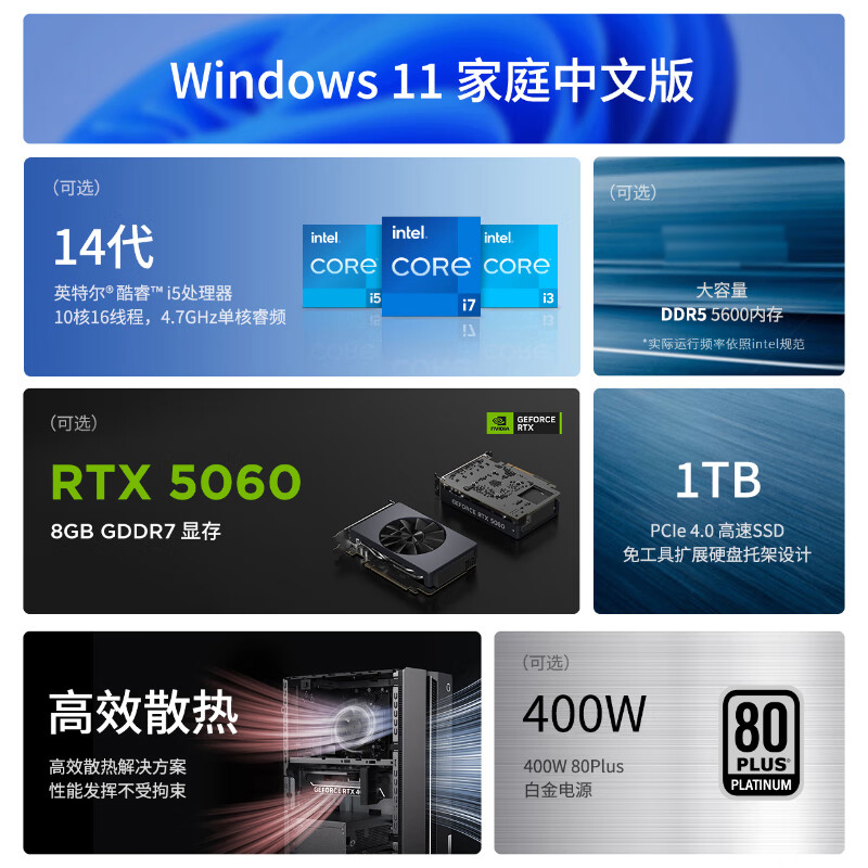 联想(Lenovo)GeekPro 设计师游戏台式电脑主机 定制(酷睿i5-14400F RTX5060 8GB显卡 32G DDR5 2TB SSD Win11)高清大图