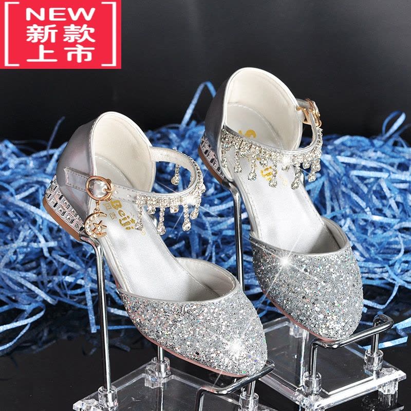 可莉允公主鞋银色儿童高跟鞋女演出走秀主持皮鞋女童软底女孩水晶鞋礼服运动休闲鞋图片