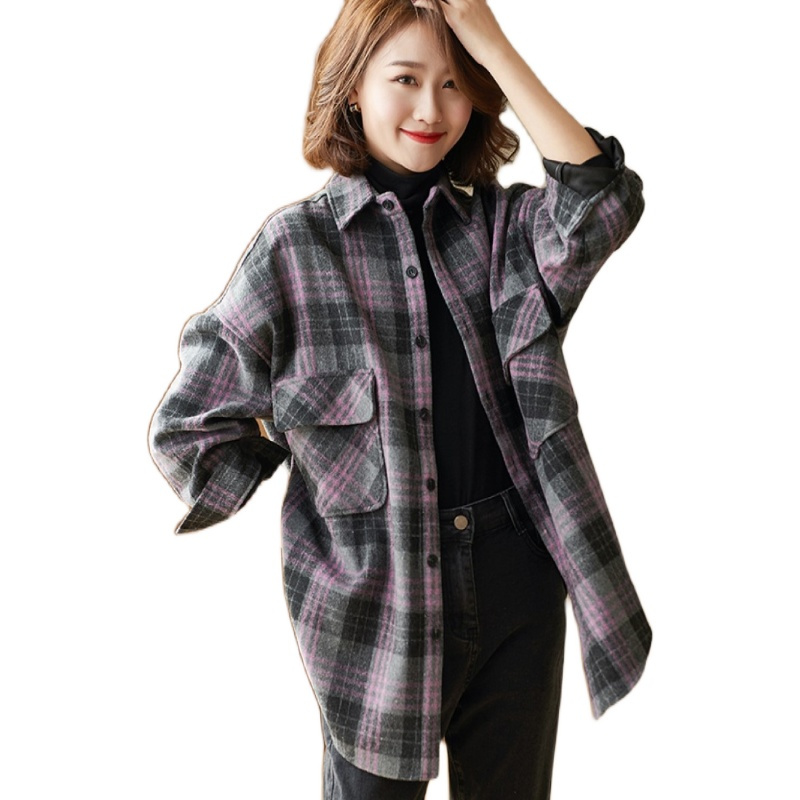 艳如飞九月陌墨秋冬新款方领衬衣韩版宽松大码加厚磨毛长袖格子衬衫女