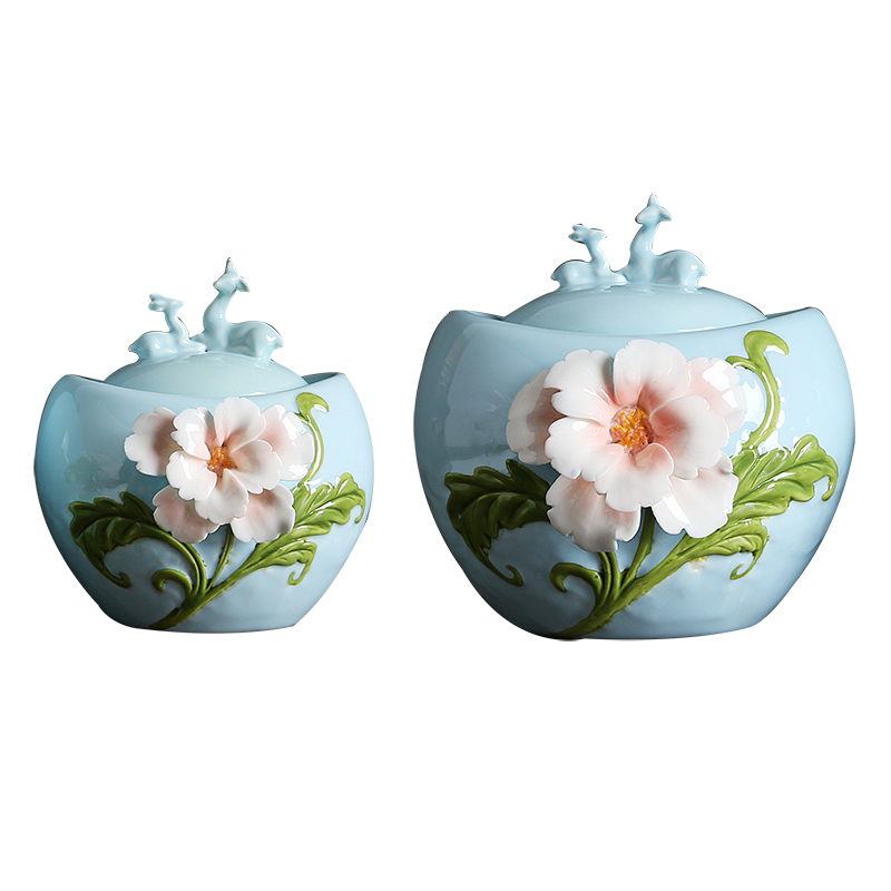 一鹿花开天蓝小号 述瓷宣 手工花茶叶罐 精品 高档 陶瓷密封家用储存罐创意个性时尚