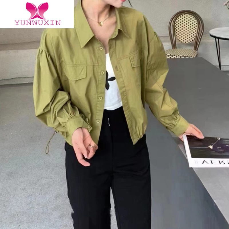 YUNWUXIN早秋季白色长袖衬衫小众设计感上衣女新款别致抽绳翻领小衬衣外套