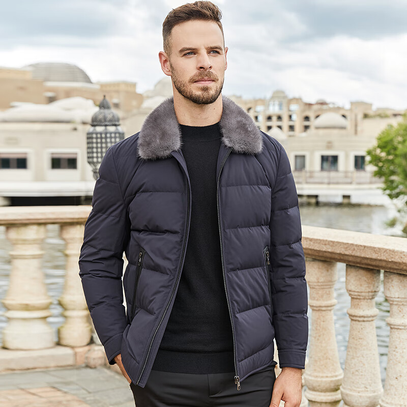 轻奢男装水貂毛领羽绒服男中青年商务休闲短款翻领派克服加厚鹅绒外套