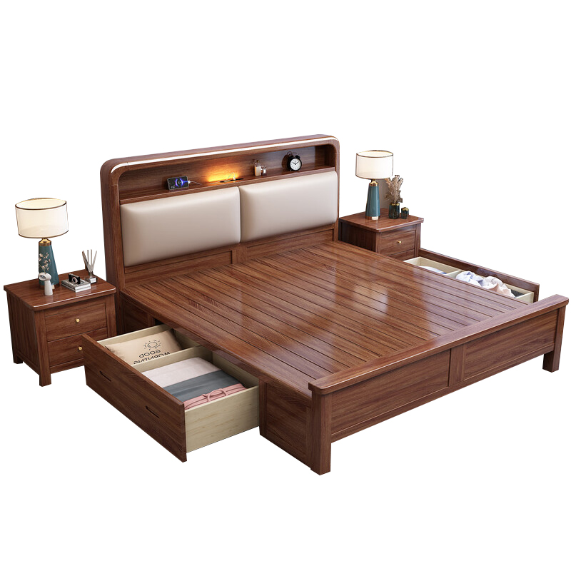 苏宁 质凡 宿舍公寓胡桃木带软包实木床箱框结构/ZF-SMC062/1.8米*2米高清大图