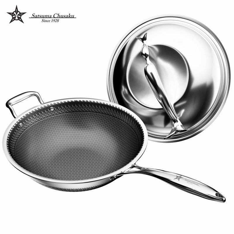 萨摩厨具日本进口炒锅中式家用炒锅316八层钢锅钛金膜粘合技术导热快