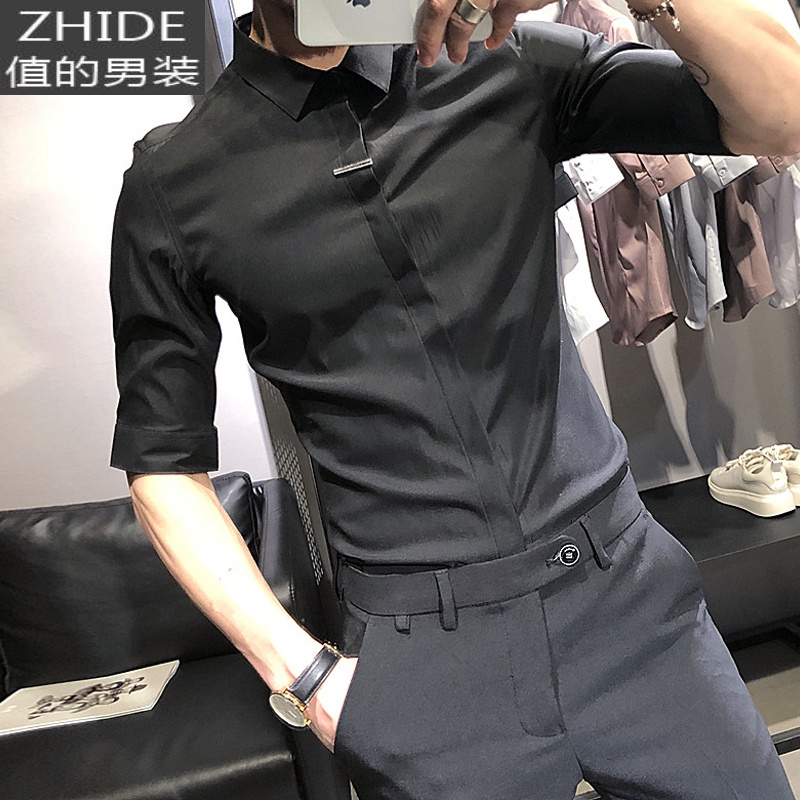 SUNTEK男士短袖衬衫休闲韩版潮流帅气高级感修身痞帅冰丝7七分中袖衬衣衬衫高清大图
