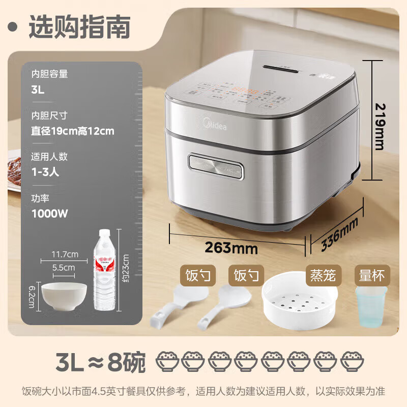 美的(Midea)电饭煲家用3升电饭锅2-6人抗菌不粘内胆热饭炖煮煲汤快速饭多功能煮米饭锅MB-HC3032