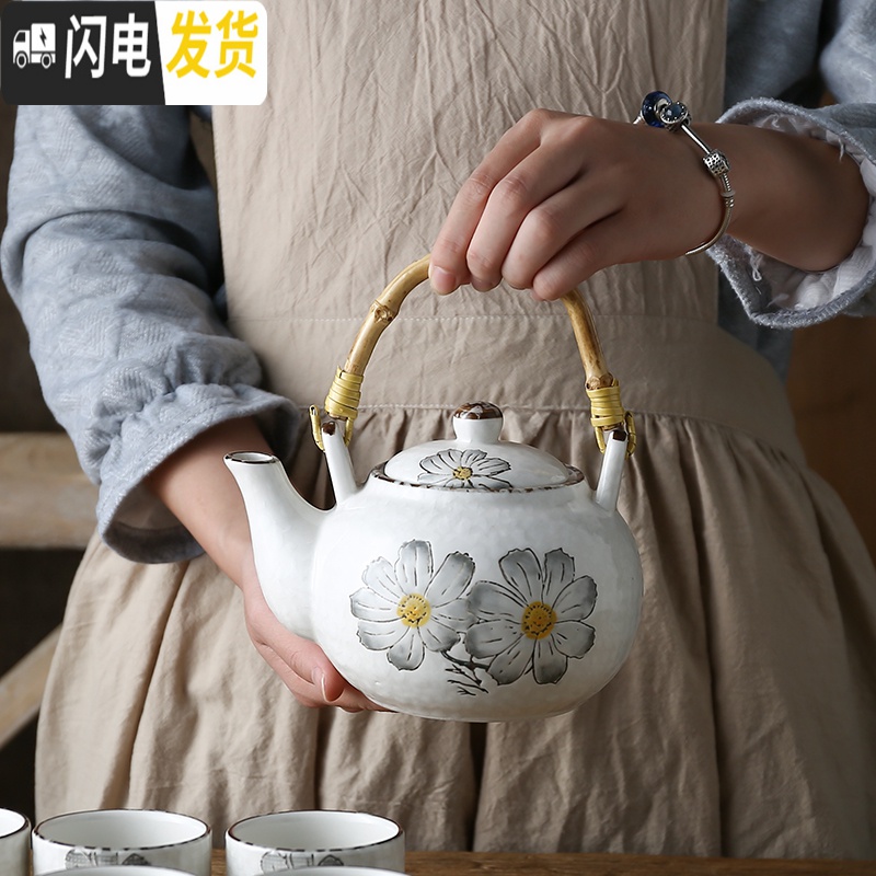 三维工匠日式家用陶瓷提梁壶功夫茶具茶杯套装简约结婚庆乔迁创意送礼 格桑茶具灰色带木盘高清大图