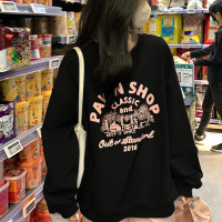 加绒宽松休闲卫衣女秋冬外套古着圆领长袖打底衫上衣韩国女装_206 XL 黑色