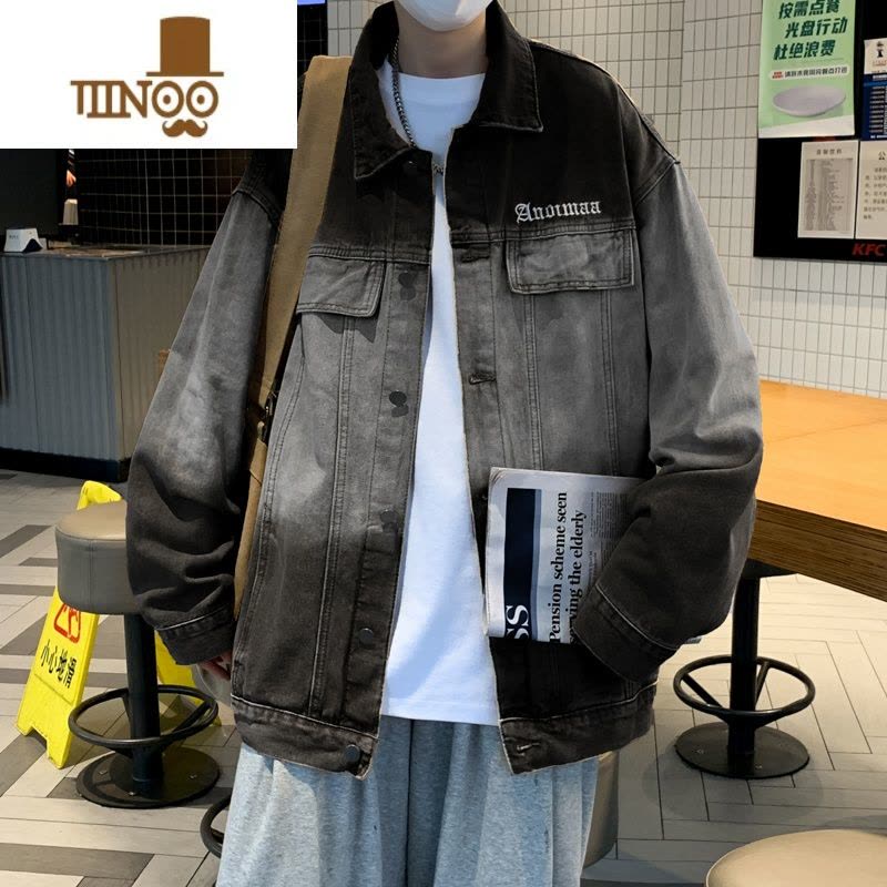 YANXU美式复古情侣牛仔外套潮牌渐变做旧上衣宽松痞帅工装夹克男图片