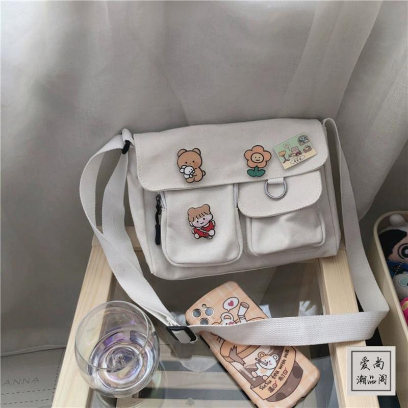 日系原宿帆布包女学生韩版ins斜挎包简约百搭古着感ulzzang邮差包