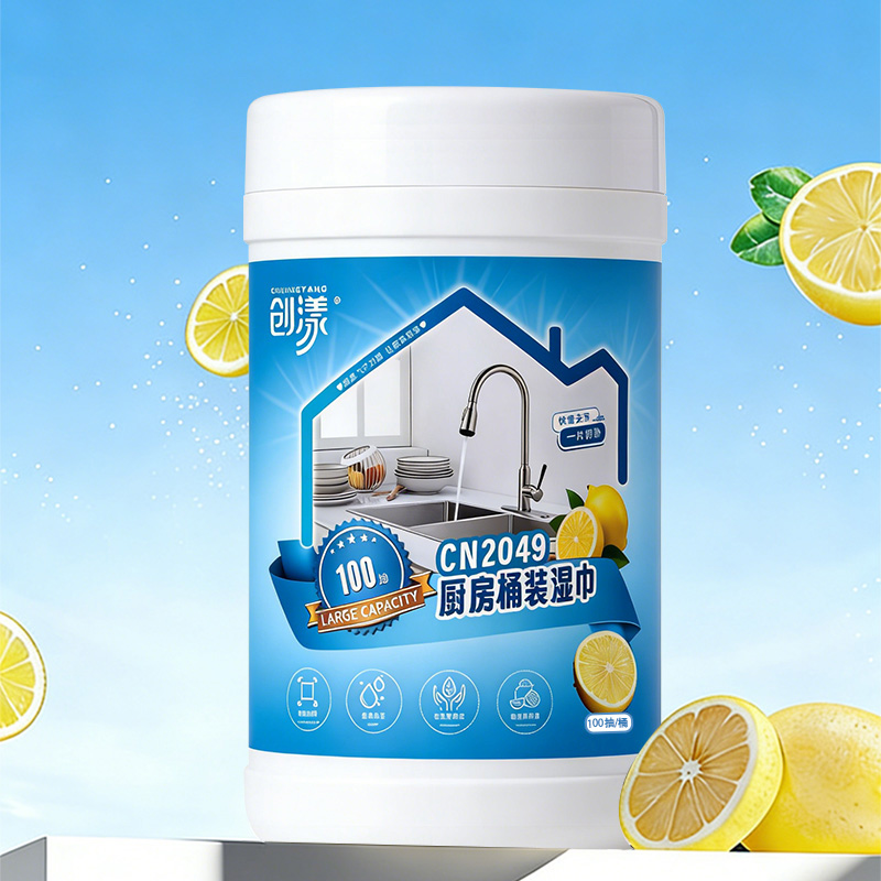 创漾 CN2049 厨房桶装湿巾15*20cm 50g珍珠纹 柠檬香 100抽/桶 湿巾纸(计价单位:桶)高清大图