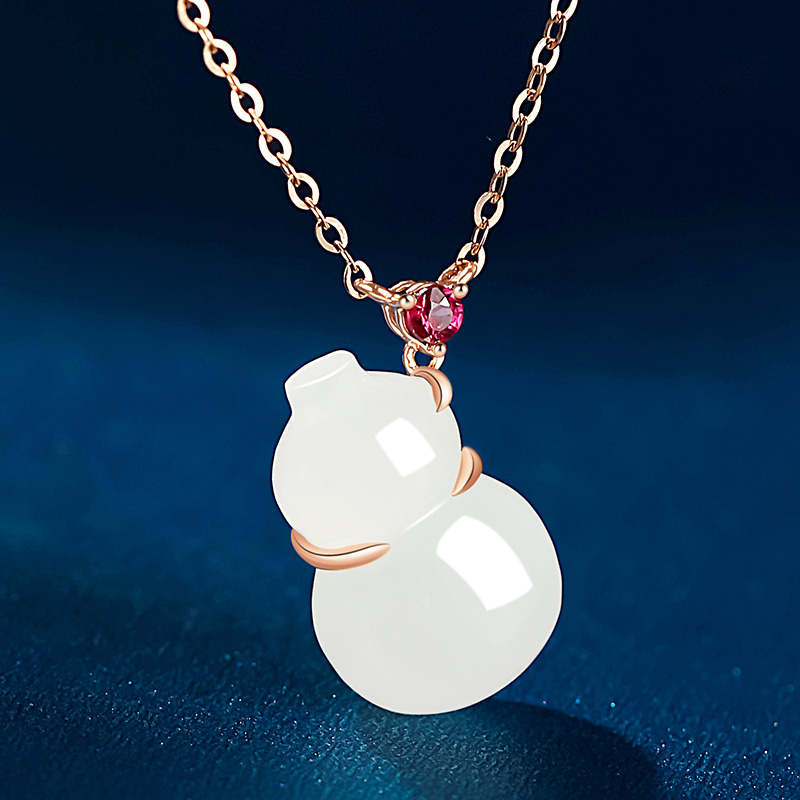 印象眸悦己系列18k金镶和田玉项链玫瑰金镶羊脂白玉葫芦配镶红宝石女