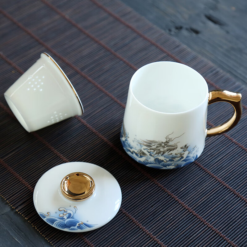 金镶玉 蛟龙出海描金盖杯 茶杯茶具泡茶会议室办公杯 羊脂玉陶瓷杯 345ml高清大图