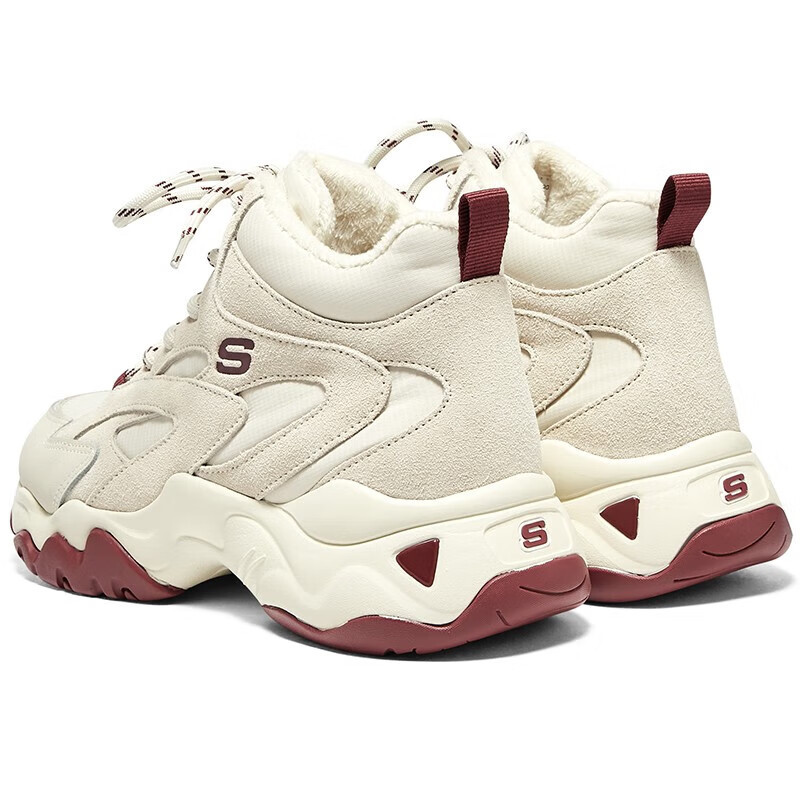 斯凯奇(Skechers)赵露思同款女鞋2023冬季新款老爹鞋加绒保暖熊猫鞋运动休闲鞋棉鞋 酒红色-BURG 35