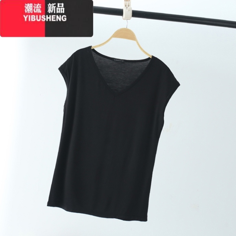 YIBUSHENG季薄款莫代尔无袖t恤女V领短袖上衣宽松大码背心休闲纯色打底衫高清大图