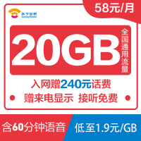 苏宁云卡 58元20G大流量套餐 手机卡 流量卡 电话卡大流量卡