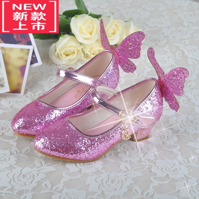 可莉允新款艾莎女童皮鞋亮片高跟公主鞋 6儿童带翅膀水晶鞋小朋友表演鞋运动休闲鞋图片