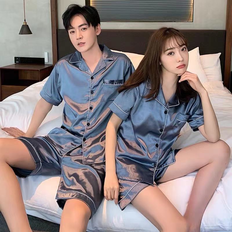 情侣睡衣女春秋冰丝薄款短袖加肥加大码夏季男士仿真丝家居服套装 QL-黑色 [双短套装]单套价 男M [建议70-80斤]