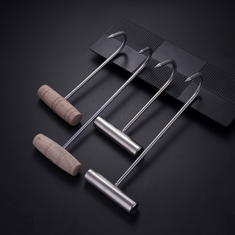 不锈钢木柄捞肉烧鸭猪皮插卤牛肉勾丁字挂钩子叉烧腊环松肉鹅尾针|木柄丁钩(短)